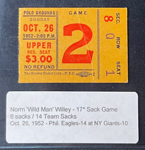 New ListingNorm Wild Man Wiley 17 Sacks In One Game 1952 Eagles Giants Ticket Stub
