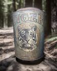 Antique 1800s Dark TIGER Chewing Tobacco Store Display Tin HTF Blue Canister