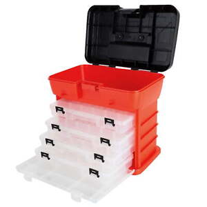 Portable Tool Storage Box, Small Parts Organizer with 4 Trays, Carry Handle