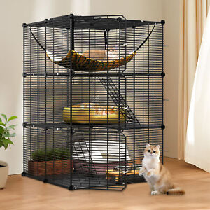 1-2 Cats Cage Indoor Cat Enclosures DIY Playpen Ferret Metal Kennel w/ Hammock