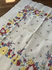 VTG Card Table Tablecloth Italian Feel Floral White Yellow Red Some Stains See P