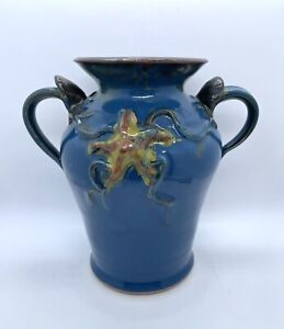 Studio Art Pottery Blue Nautical Theme Starfish/Seashells Vase Signed Alaska