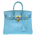 AUTHENTIC HERMES Birkin25 Hand Bag Blue Atoll Vaux Tadelakt 0220