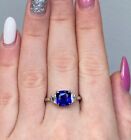 Gold Diamond Ring Lab Grown Cushion 3.10 Ct 14K White Band Blue Sapphire 5 6 7 8
