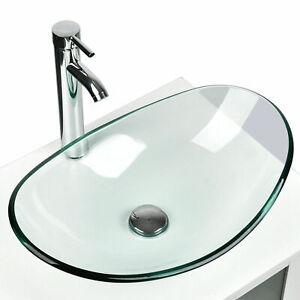 Bathroom Vessel Sink Tempered Glass Counter Top Oval Basin Bowl Popup Faucet Set