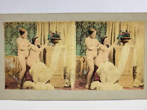 Antique 1880's Tinted Color Stereoview Photo Card TWO NUDE WOMEN TOGETHER