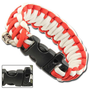 Paracord Bracelet Survival Whistle Skull Charm 17 Feet Length Red & White Braid