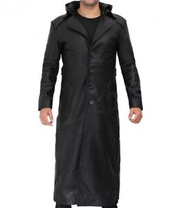 Mens Black Long Leather Hooded Coat Trench Matrix Coat Detachable Hood