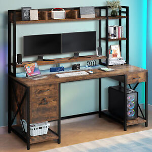LED Computer Desk with File Drawer & Power Outlets Home Office Desk with Hutch