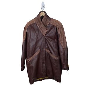 Vintage Leather Aztec Jacket 90s Long Coat 42” Chest