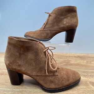 LL Bean Suede Leather Ankle Boots Womens Size 8 Brown Lace Up Block Heel