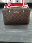 Coach Mini Lillie Carryall In Signature Canvas Brown Red Shoulder Bag Purse