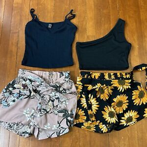 Lot of 2 Shein Juniors Outfits Black Crop Tops High Rise Paper Bag Pull On Short