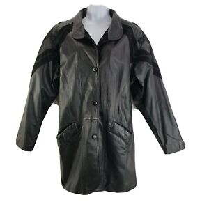 Womens Vintage Winlit Leather Jacket Black Genuine short Trench Coat Medium