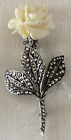 Vntg ROSE PIN Sterling Silver Marcasite & Faux Ivory Brooch GERMANY Free Shippin