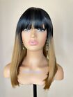 Honey Blonde Bob Wig With Bangs Straight 16 Inch Long Ombre Black Color 1b/27