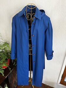 London Towne VTG Womens Blue Trench Coat Jacket Plaid Lining Detach Hood Size 14