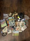 junk drawer lot Vintage Post Cards, Foreign Money, Jewelry, Scout, Military