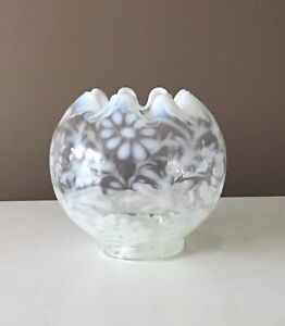 New ListingVintage Glass Vase Round Floral Brocade Clear White Opalescent Ruffle Crimp 4”