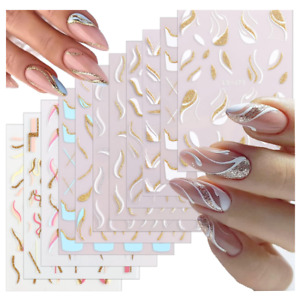 3D Glitter Gold Line Nail Art Stickers Decals French Tip Wavy Fringe Stripe NH22