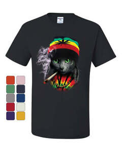 Rasta Cat T-Shirt Smoking Joint 420 Jamaica Marijuana Pot Weed Tee Shirt