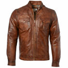 Mens Retro Style Biker Jacket Real Lambskin Leather Washed Soft Tan Brown Casual