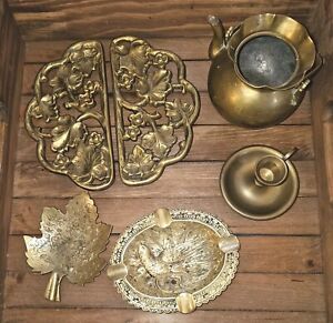 Vintage Brass Mixed Lot Decorative Ashtrays Harvin Trivet Kettle Chamber Stick