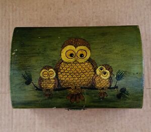 Vintage MCM Decoupage Lidded Wood Box Chest w/ Owls, Felt Lined 8.5”L x 3.5”H