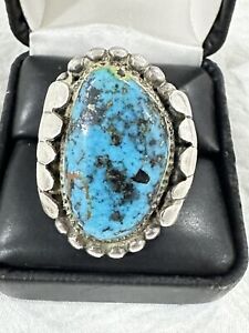 Old Pawn Natural Kingman Turquoise & Sterling Silver Ring Size: 10