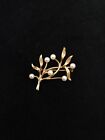 14K Solid Yellow Gold & Pearl Brooch Pin Branch leaf Vintage Fisher & Co signed