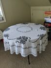 Vintage Hand  Embroidered  Table Cloth Round White Black 66