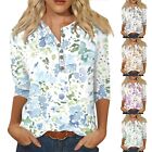 Womens Tops Button Watercolor Print 3/4 Sleeve V Neck T-Shirt Blouse Summer Tees