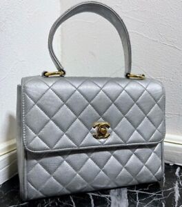 Vintage Chanel Matelasse Mini Kelly Type Handbag Top Handle Silver Metallic