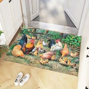Rooster Soft Area Rug Vintage Chicken And Rooster In The Grass Non-Slip Washable