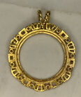 Yellow Gold Tone (Plated?) Large Rare Coin Holder Bezel Necklace 2” Wide Pendant