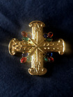 Vintage Gold tone Maltese brooch Nice & Elegant Red/green/blue gripoix stones D6