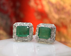 Vintage Deco 14K White Gold Large Emerald Diamond Earrings 5.9 cts Omega Backs