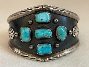 Vintage Heavy Old Pawn Navajo Silver Turquoise Shadowbox Bracelet