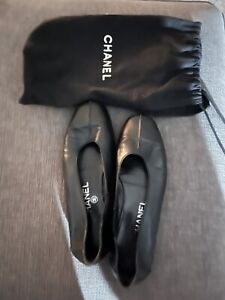 Chanel Ballet Flats Black Leather Ballerina Shoes Vintage