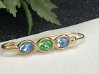Unsigned Gold Tone Green & Blue Rhinestone Safety Pin Style Brooch