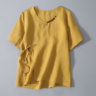Loose Solid Short Sleeve Linen Flax V-Neck Shirt Retro Hanfu Top Summer T-shirt