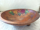 Rustic Vintage Wooden Footed Bowl Hand Painted w Fruit 9 x 8.75