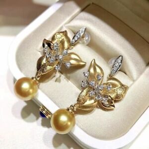 Gorgeous Aaaaa 10-11mm South Sea Round Golden Pearl Dangle Earring 925s @....