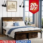 Queen Size Bed Frame, Storage Headboard with LED light,Charging Station, Vintage