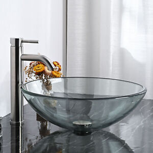 Tempered Glass Vessel Sink Counter Top Bathroom Vanity Round Bowl Basin 16''