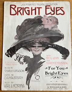 For You Bright Eyes Large Format Antique Sheet Music Framable Artwork 1909