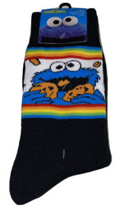 Cookie Monster Crew Socks 2 Pair Men 6.5-12 Black Rainbow Sesame Street Muppets