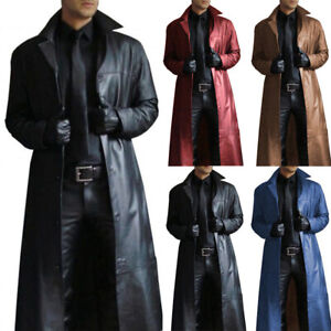 Men Leather Trench PU Long Coat Single Breasted Lapel Slim Windbreaker Ja #