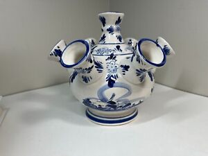 7 Spout Round DELFT DECO Blue & White Hand-Painted Tulip Vase w/ Stamp Holland