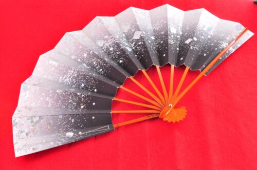 Vintage Japanese Folding Fan Traditional Dance Odori Sensu Black White Glitter